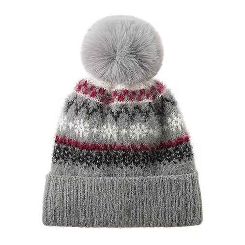 Pom-Pom Fair Isle Hat Grey
