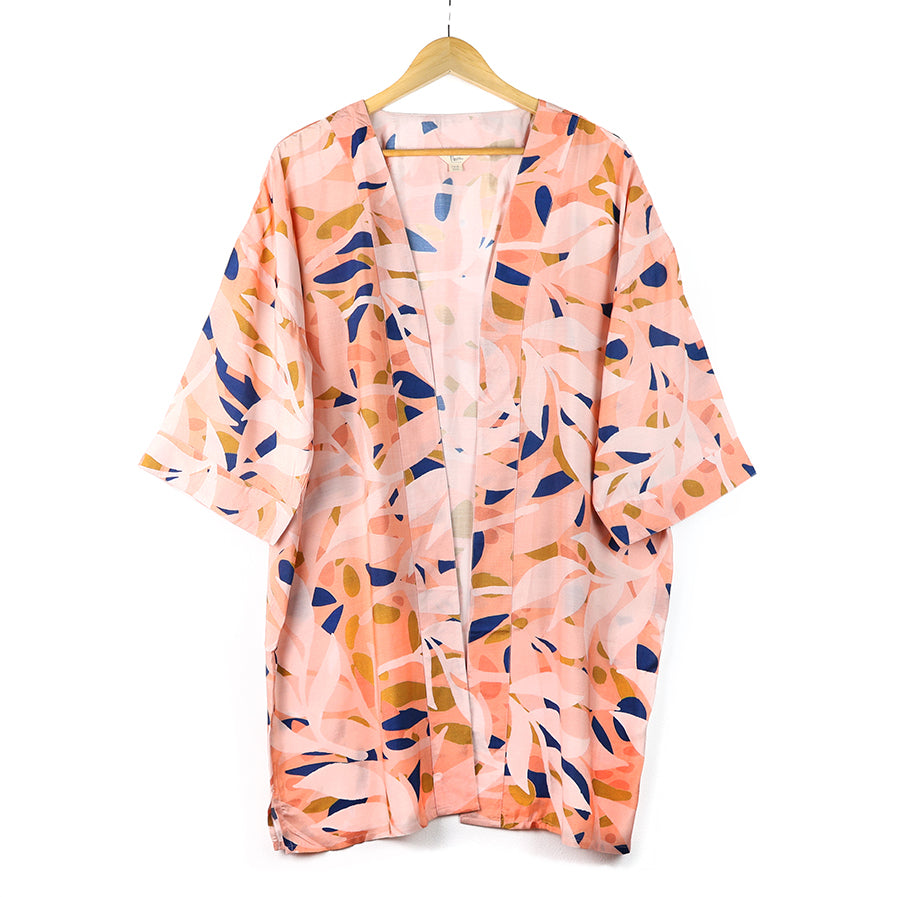 Peach Mix Leaf Silhouette Print Long Kimono