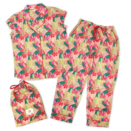 Bright Pink Tropical Print Ladies Pyjamas