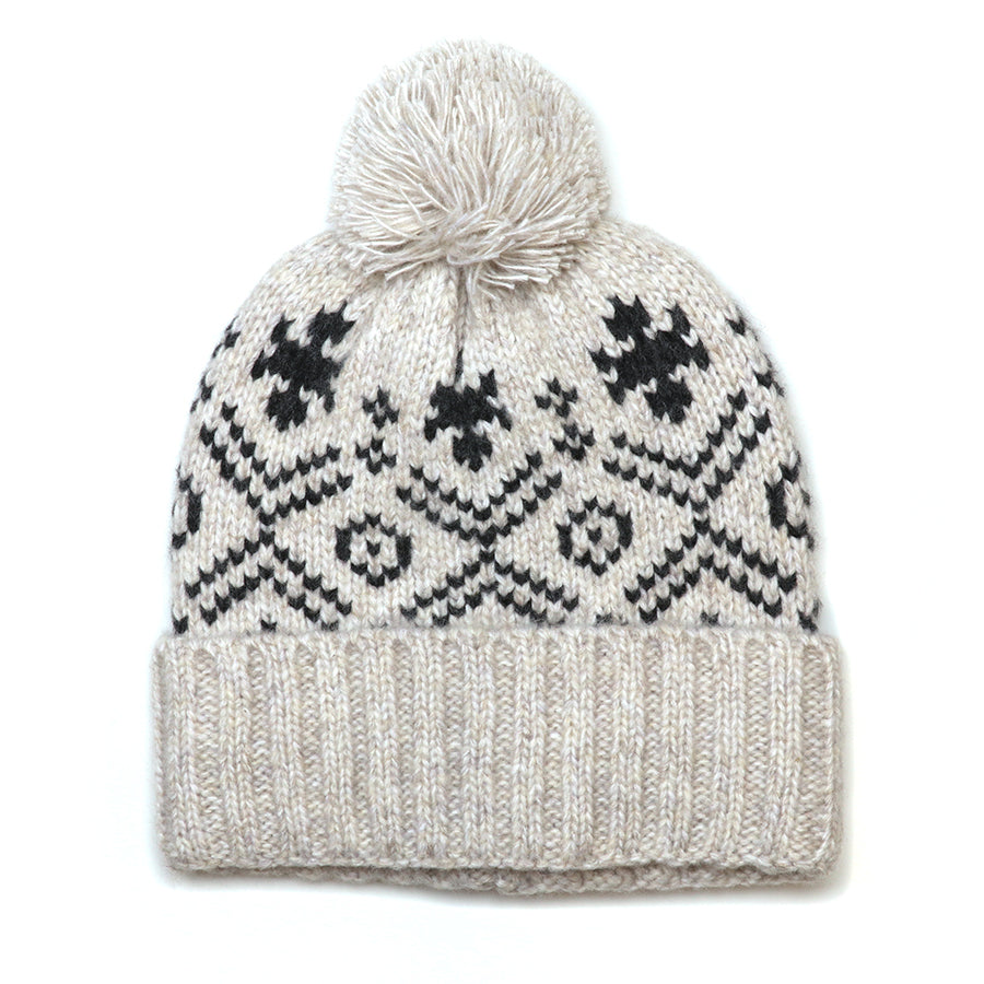 Patterned Recycled Blend Bobble Hat Ecru & Black