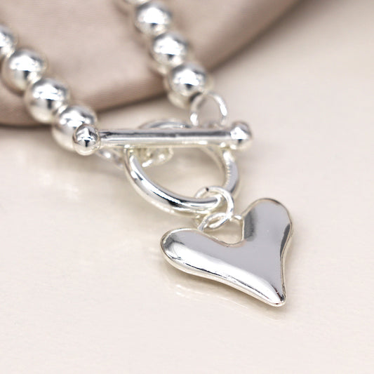 Bead & Heart Charm T-Bar Bracelet Silver