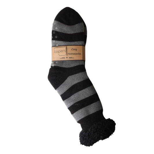 Men’s Black & Grey Stripe Fleece Lined Slipper Socks