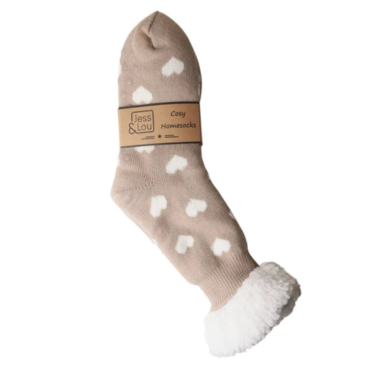 Taupe & White Heart Fleece Lined Slipper Socks