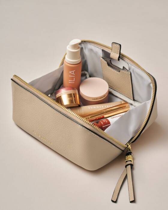 Katie Loxton Fold-Out Mirror Makeup Bag in Taupe