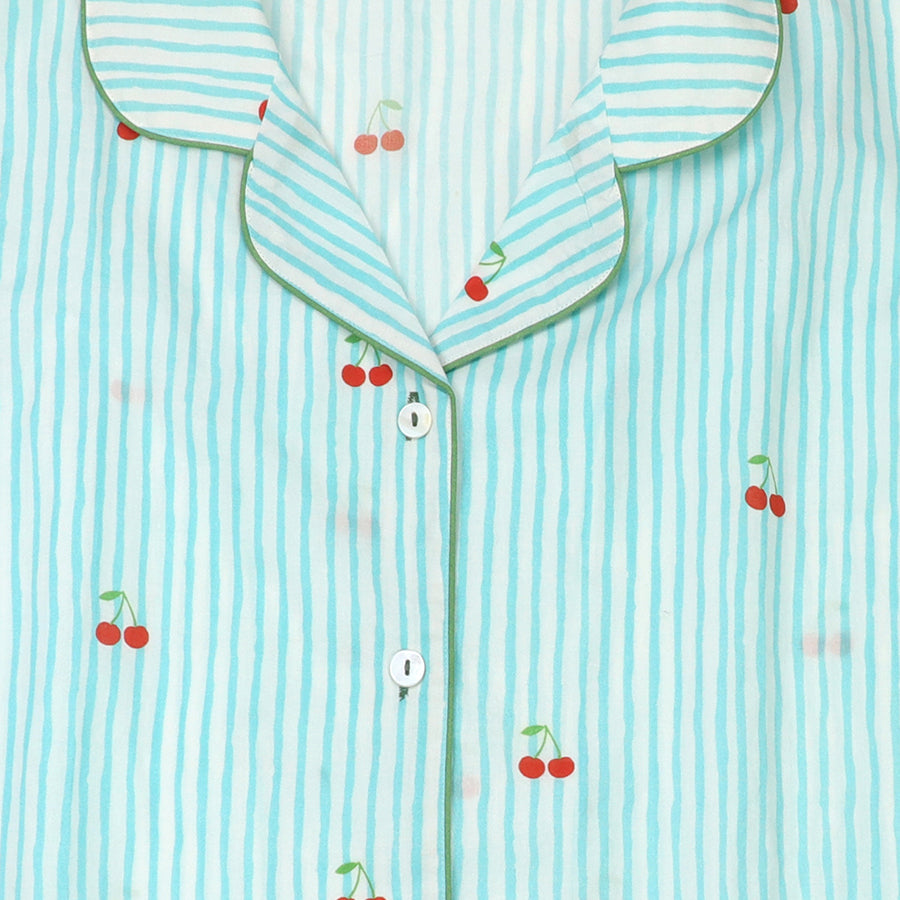 Blue Stripe & Cherry Print Ladies Short Pyjamas