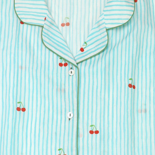 Blue Stripe & Cherry Print Ladies Short Pyjamas