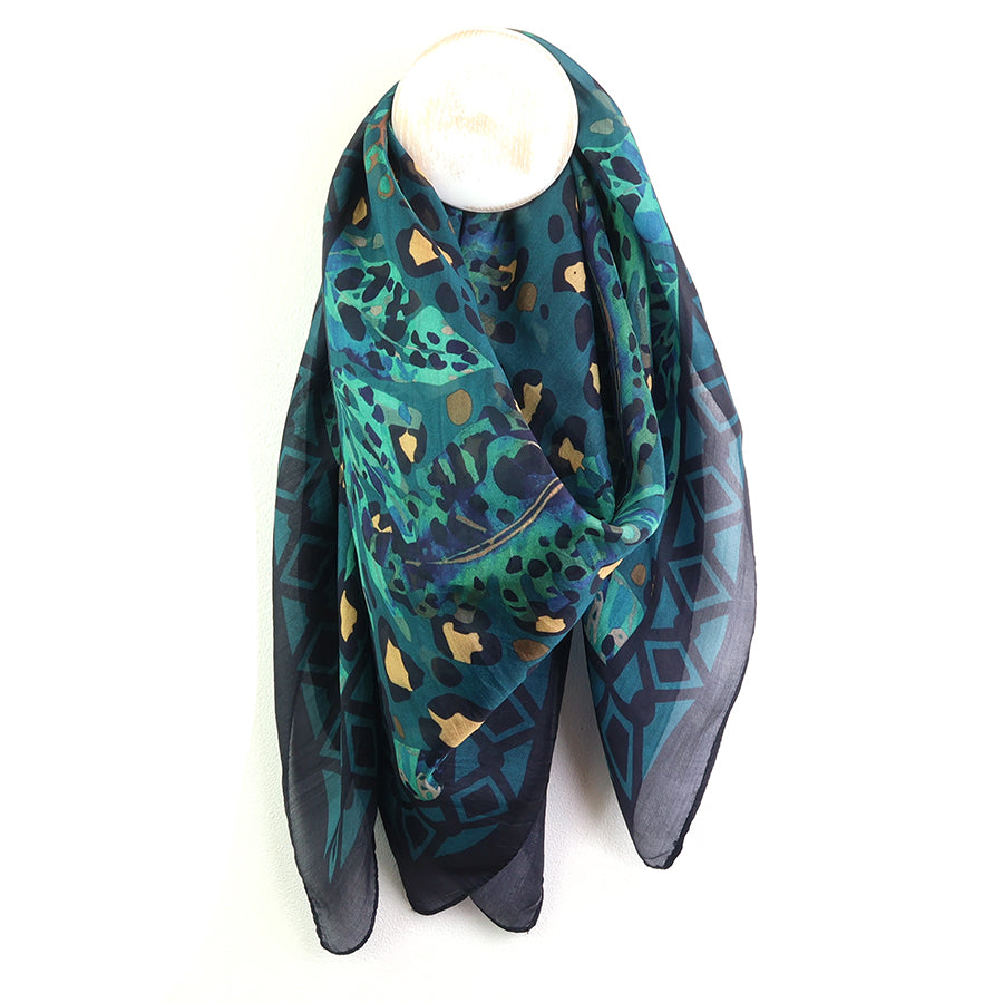 Animal & Botanical Print Silk Scarf Navy & Teal