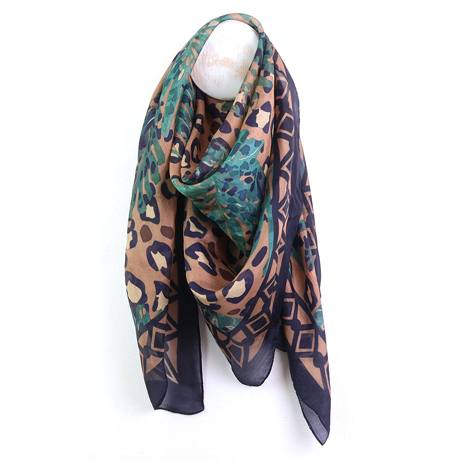 Animal & Botanical Print Silk Scarf Navy & Camel