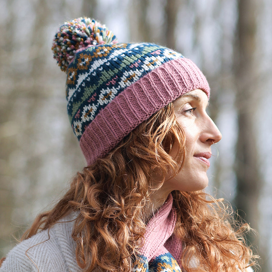 Rose Pink Patterned Knit Bobble Hat