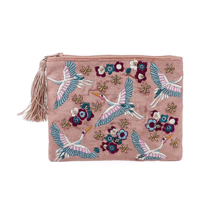Cranes & Flowers Embroidered Velvet Pouch Purse