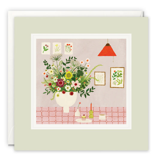 James Ellis Pink Table with Flowers Greetings Card