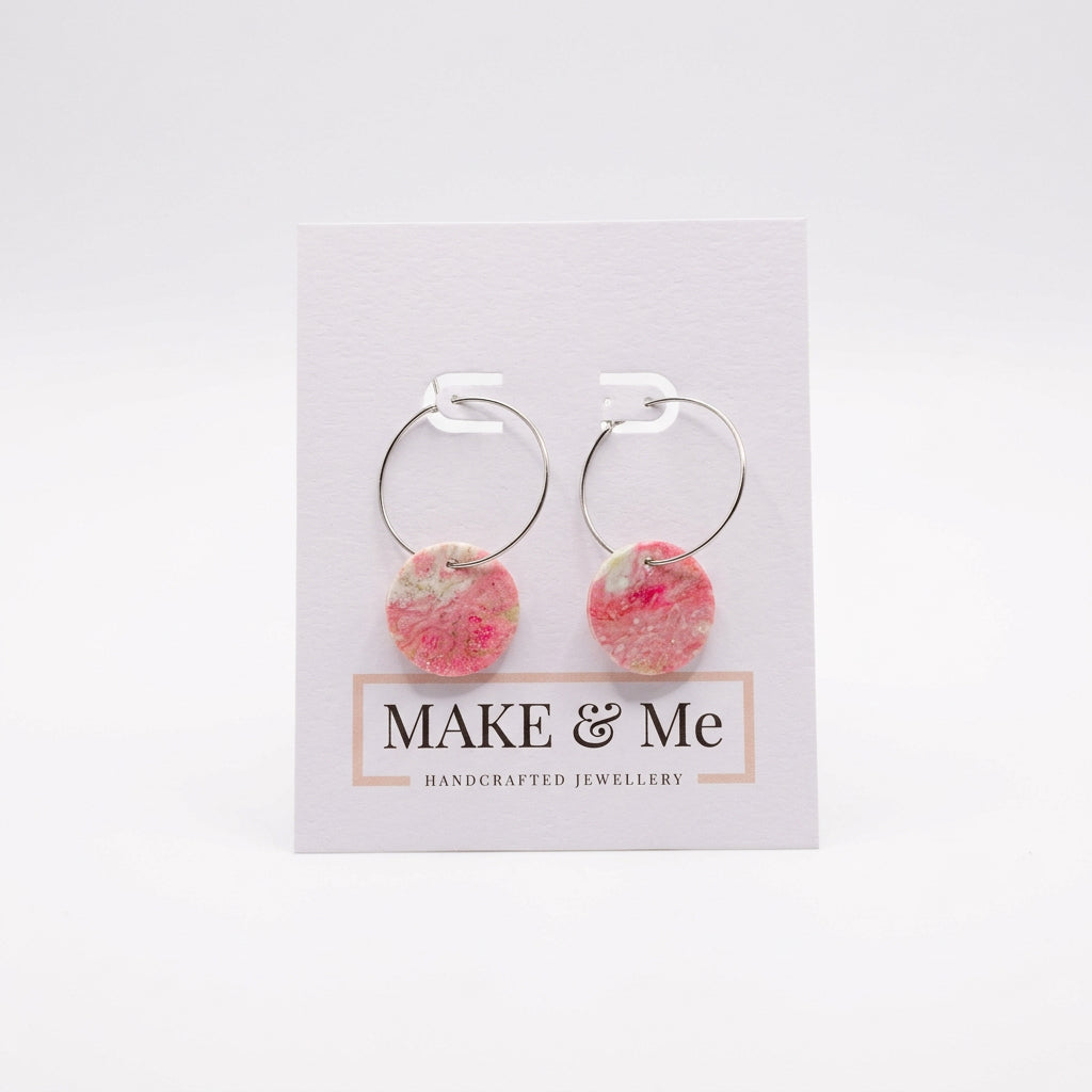 Pink Leather Button Hoops
