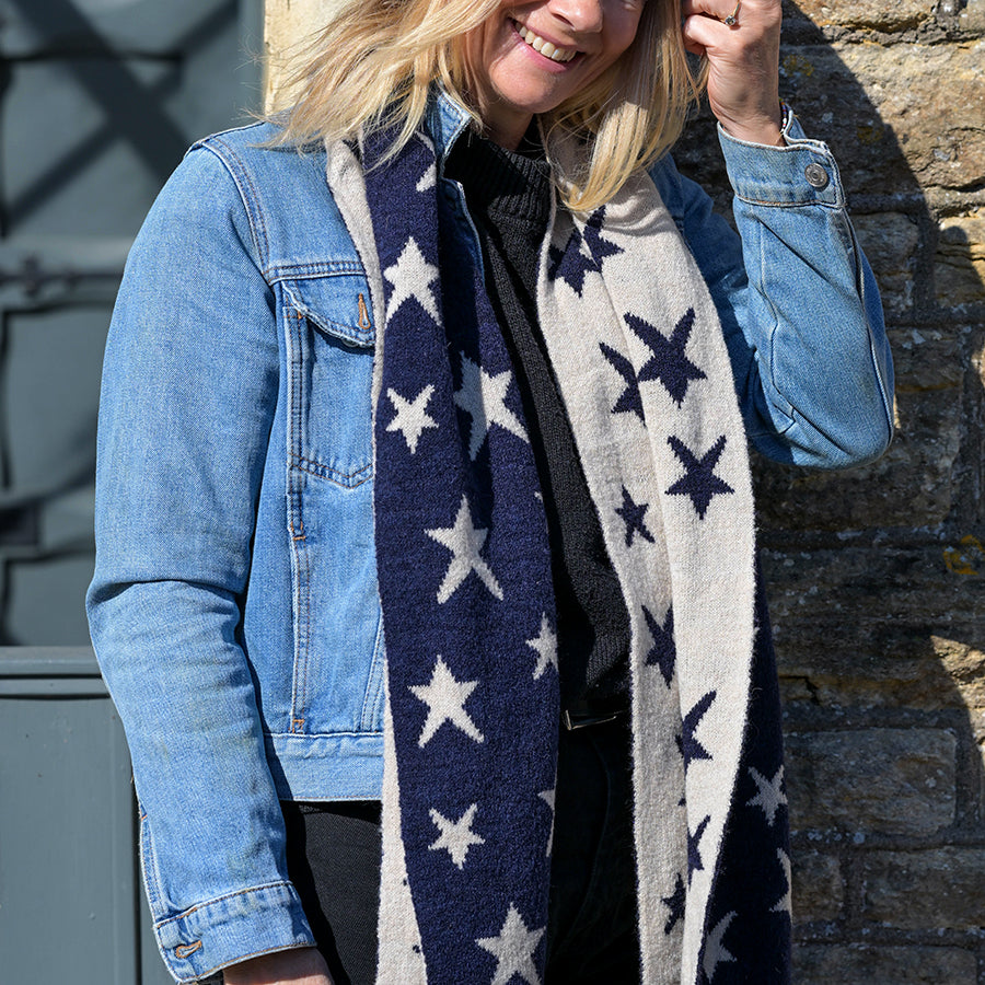 Reversible Star Scarf in Navy & Cream