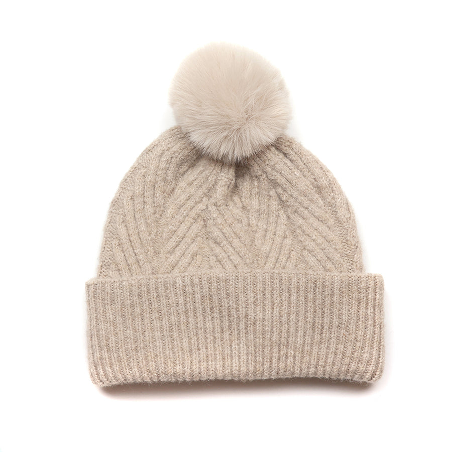 Herringbone Knit Bobble Hat Oatmeal