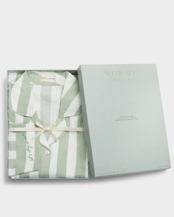 Stripe Print Gift Set Pyjamas in Green Mist & White