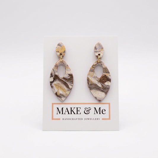 Brown Marble Leather Navette Drop Earrings