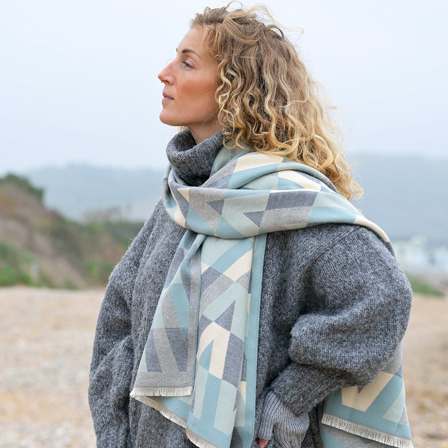 Mix Geo Chevron Jacquard Scarf Duck Egg & Grey