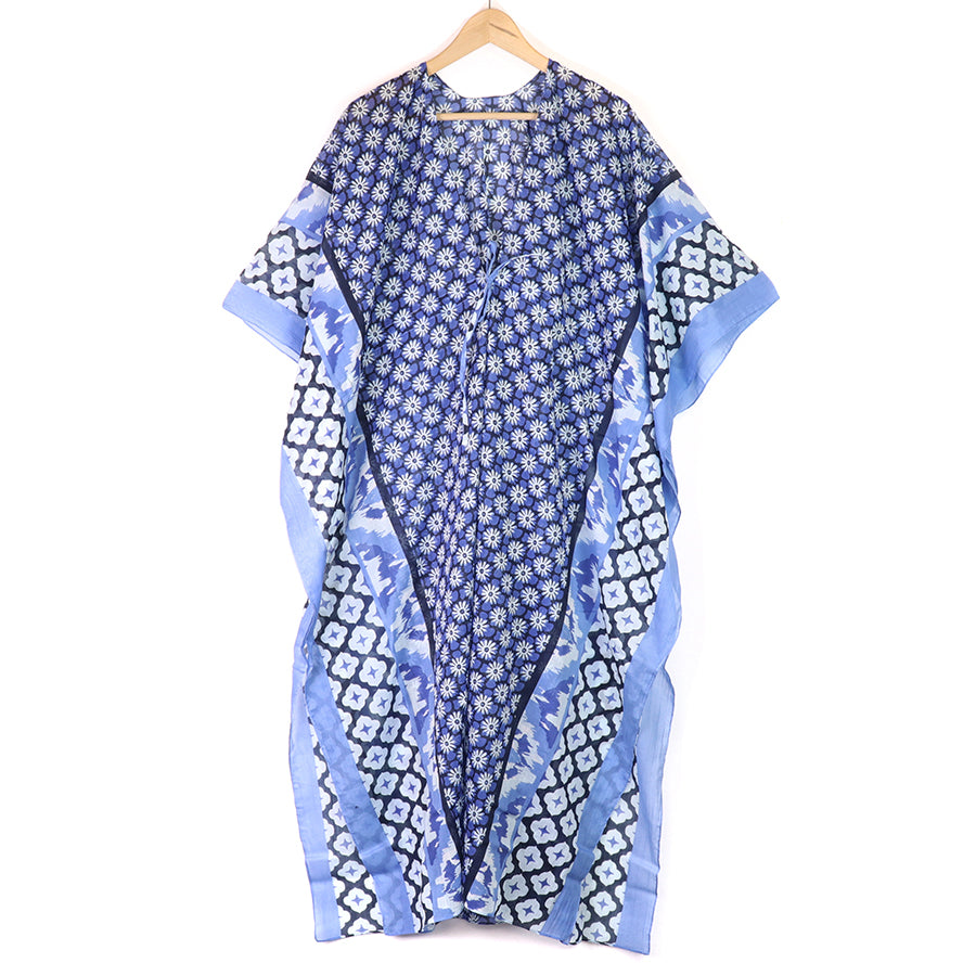 Blue Mix Floral Tile Print Long Kimono