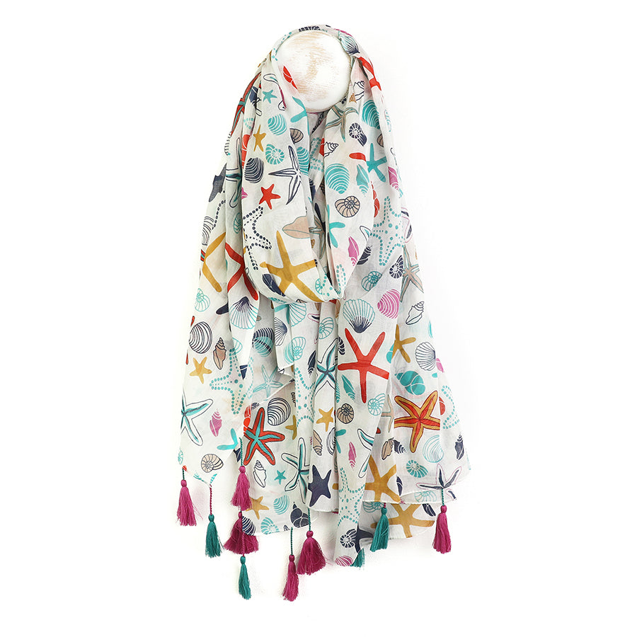 White Multicolour Starfish & Shell Organic Cotton Scarf