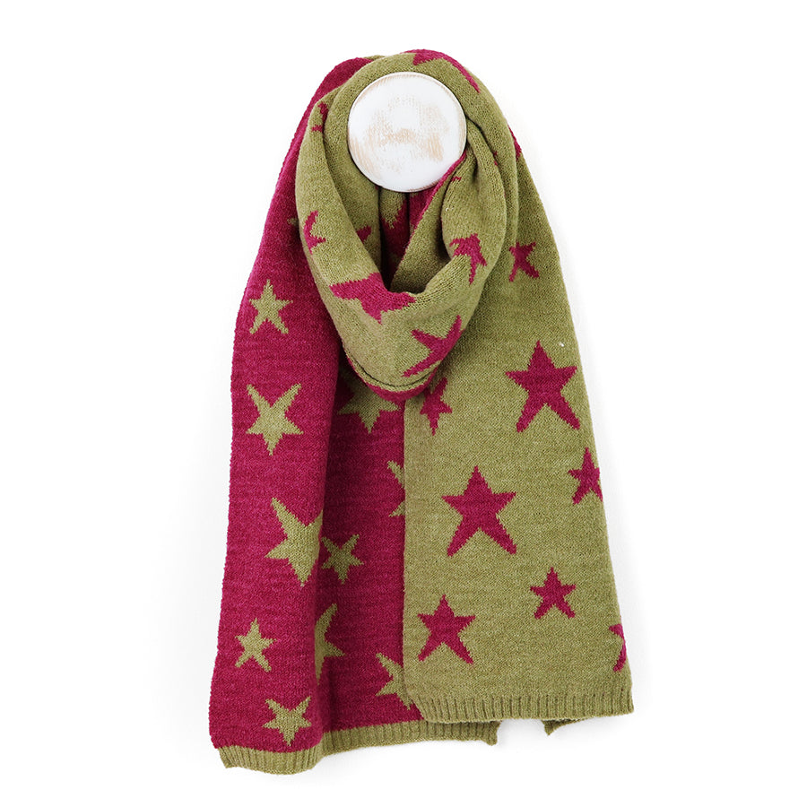Reversible Star Scarf in Olive & Magenta