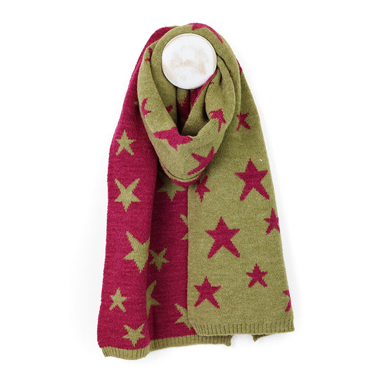 Reversible Star Scarf in Olive & Magenta