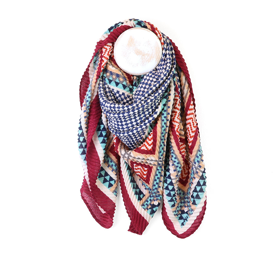 Square Crinkle Scarf in Wine, Ecru & Blue