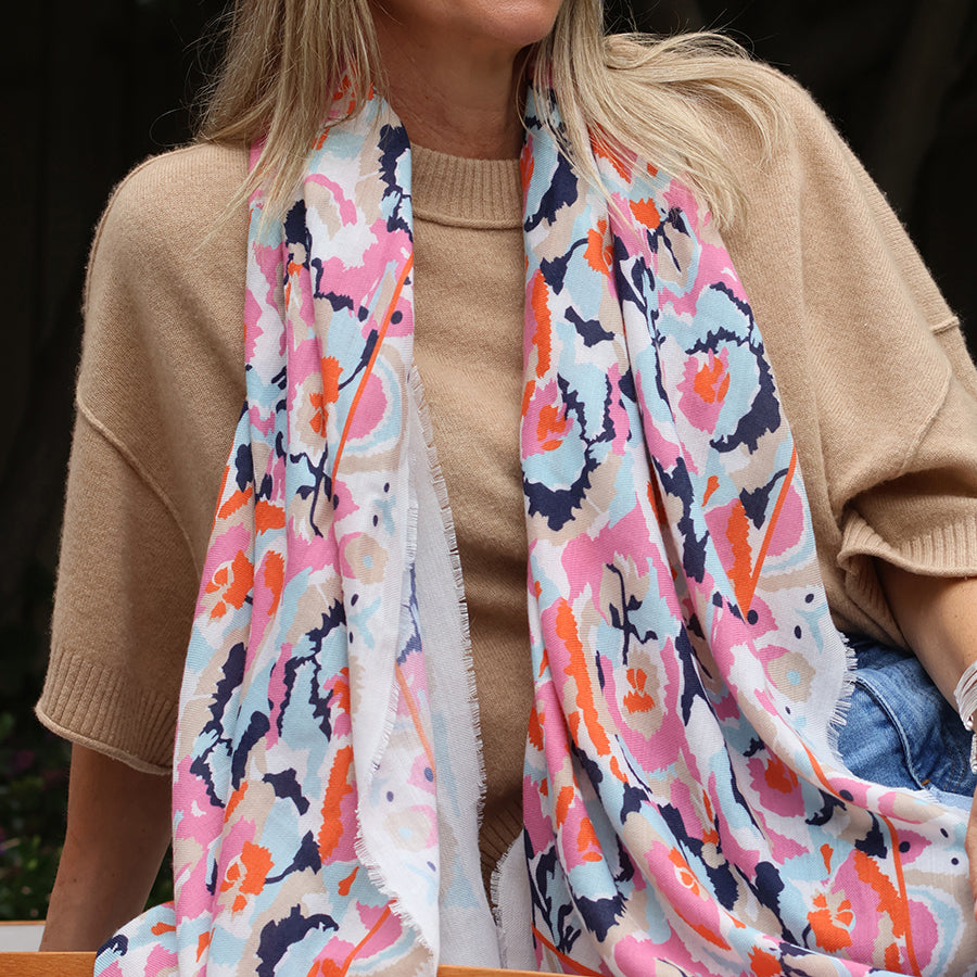 White & Coral Mix Abstract Print Recycled Scarf