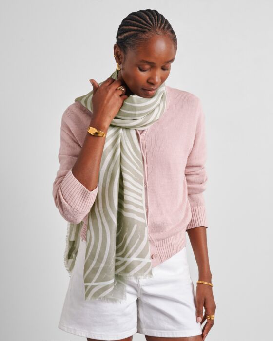 Katie Loxton Waved Line Print Scarf in Sage & Off White
