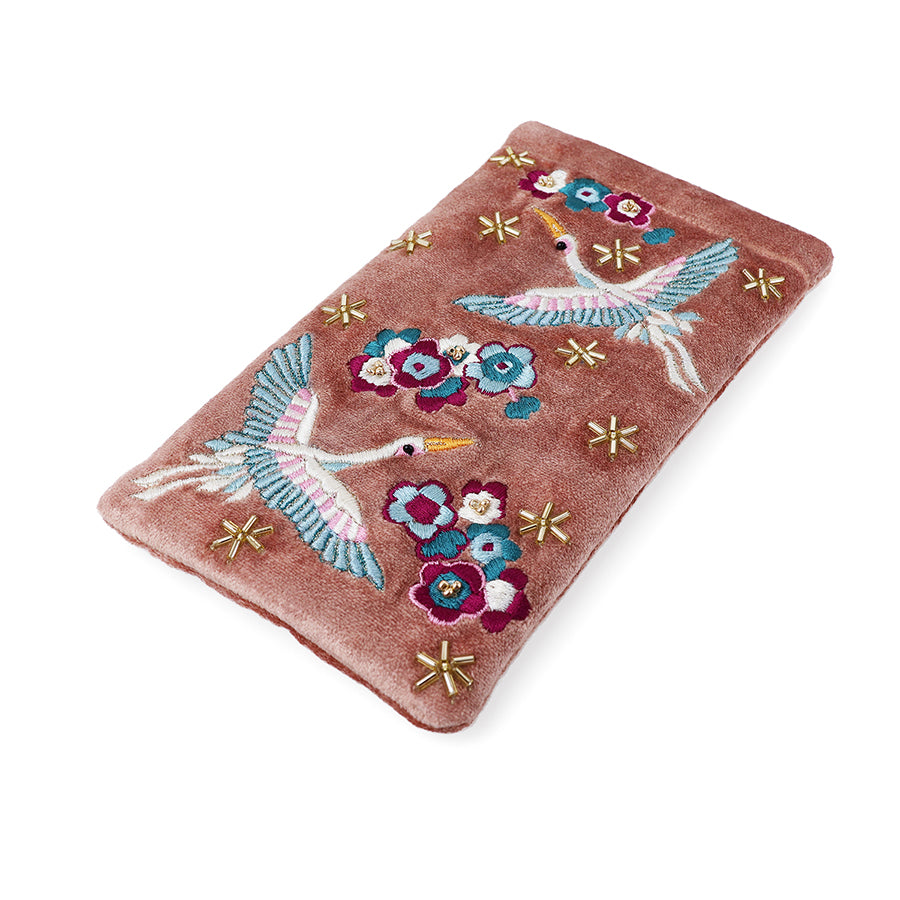 Cranes & Flowers  Embroidered Velvet Glasses Pouch