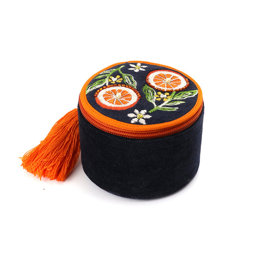 Navy With Embroidered Oranges Velvet Round Trinket Box