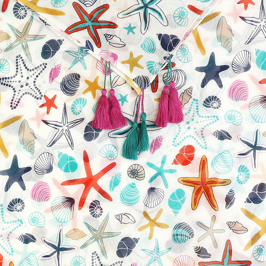 White Multicolour Starfish & Shell Organic Cotton Scarf