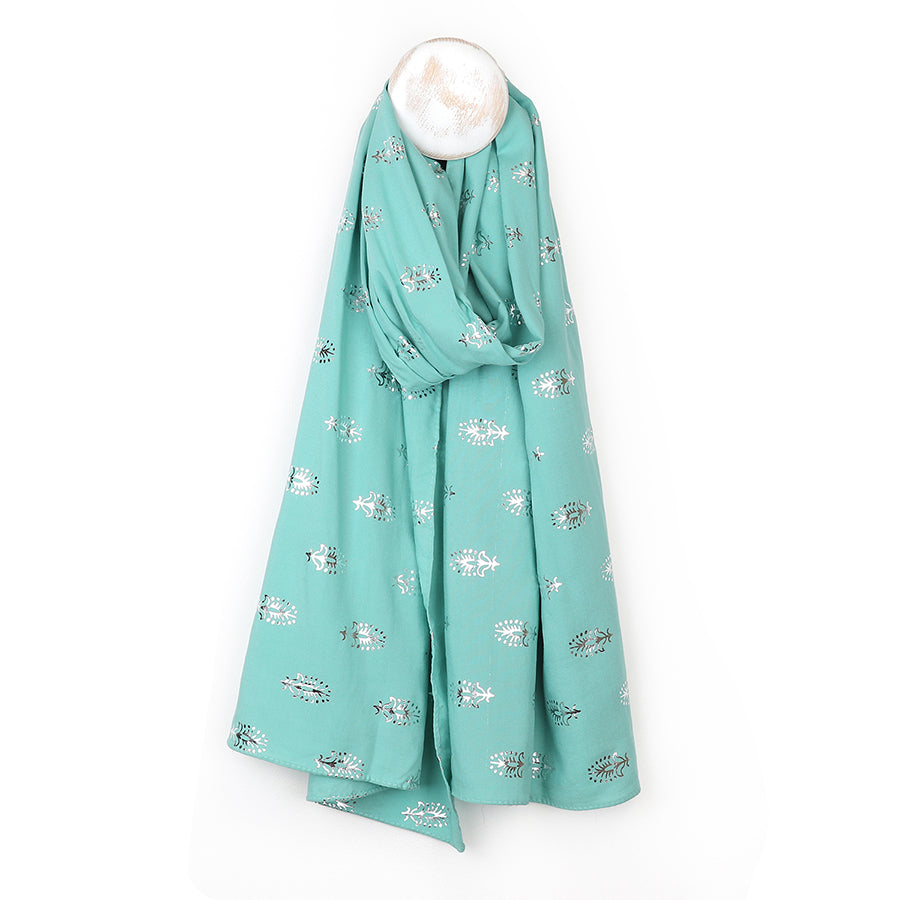 Aqua & Metallic  Feather Print Recycled Scarf