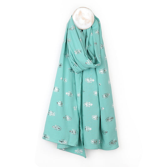 Aqua & Metallic  Feather Print Recycled Scarf