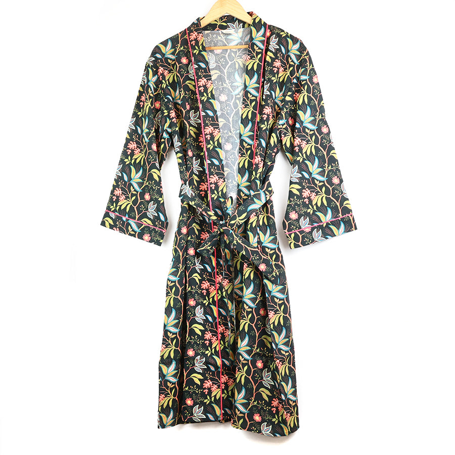 Dark Green Botanical Vine Print Robe