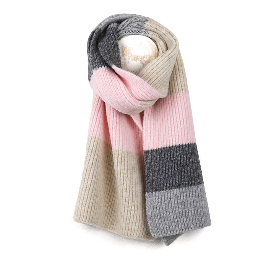 Recycled Blend Stripe Scarf Beige, Pink & Grey
