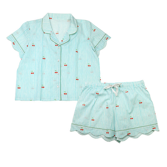 Blue Stripe & Cherry Print Ladies Short Pyjamas