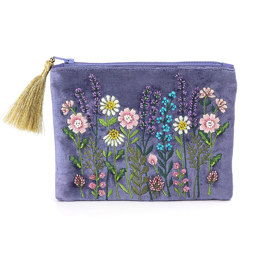 Lilac Floral Embroidered Velvet Pouch Purse