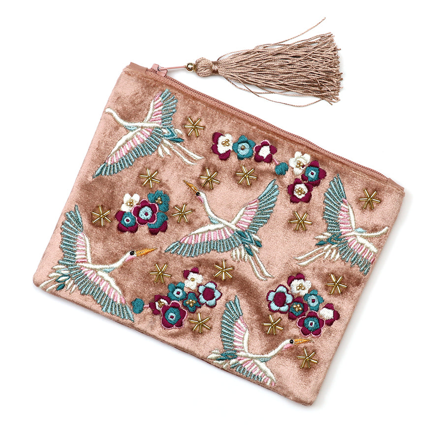 Cranes & Flowers Embroidered Velvet Pouch Purse