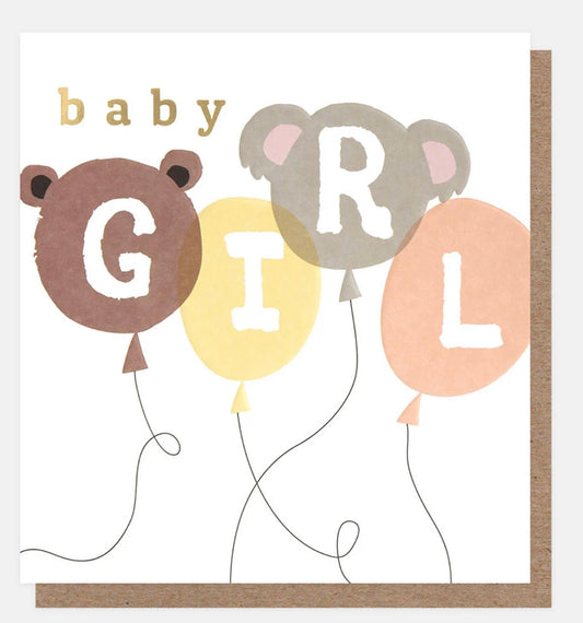 Baby Girl Animal Balloons Greetings Card