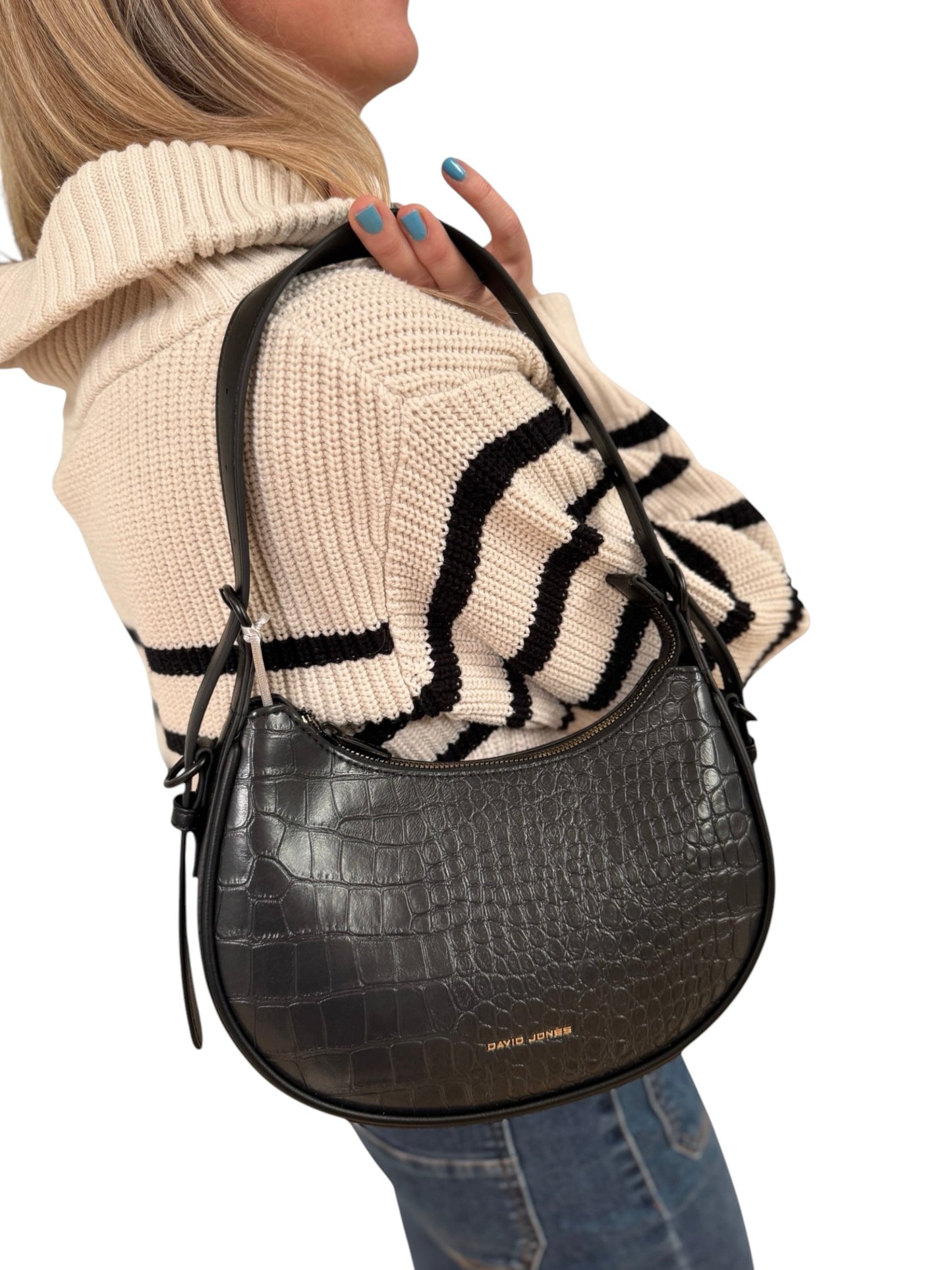 David Jones Faux Croc Scoop Shoulder Bag Black