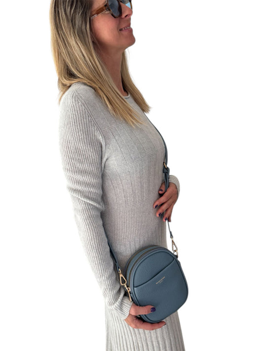 David Jones Crossbody Double Zip Handbag Blue Jean