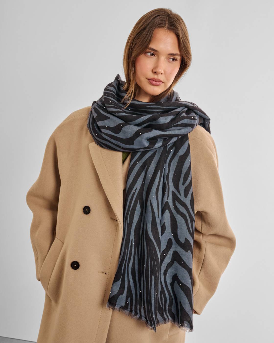 Katie Loxton Zebra Print Studded Scarf in Navy & Black