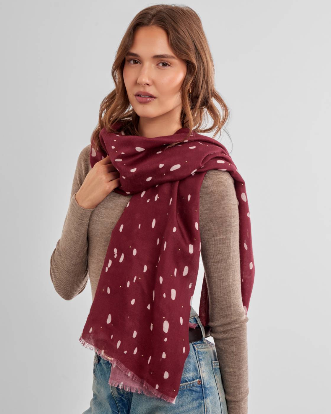 Katie Loxton Scattered Dots Studded Scarf in Burgundy & White