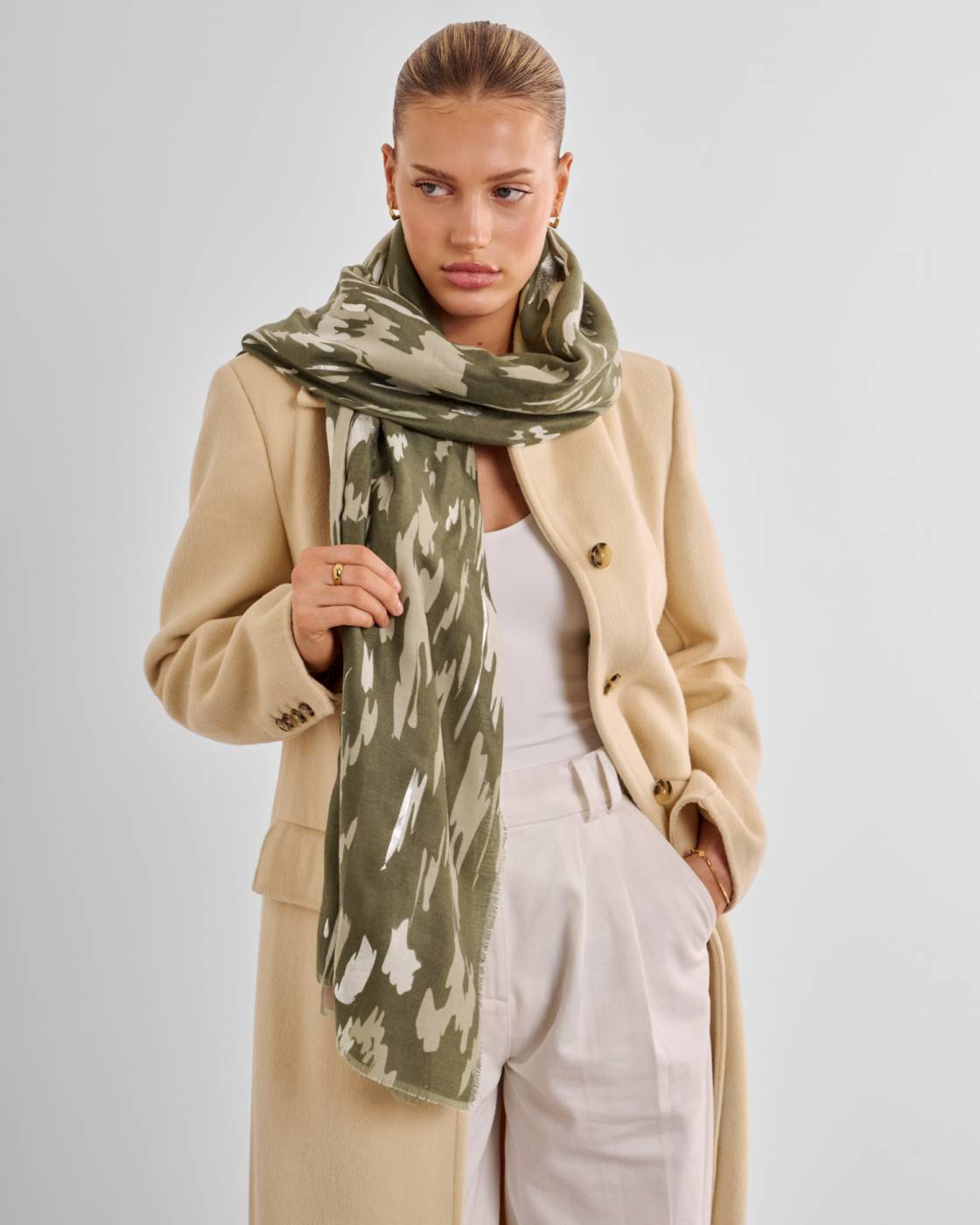 Katie Loxton Animal Print Foil Scarf in Olive & Silver