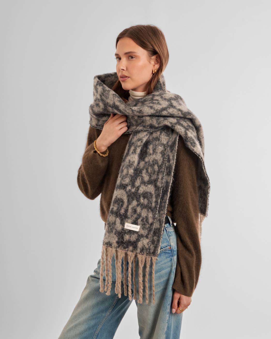 Katie Loxton Recycled Leopard Scarf in Taupe & Chocolate