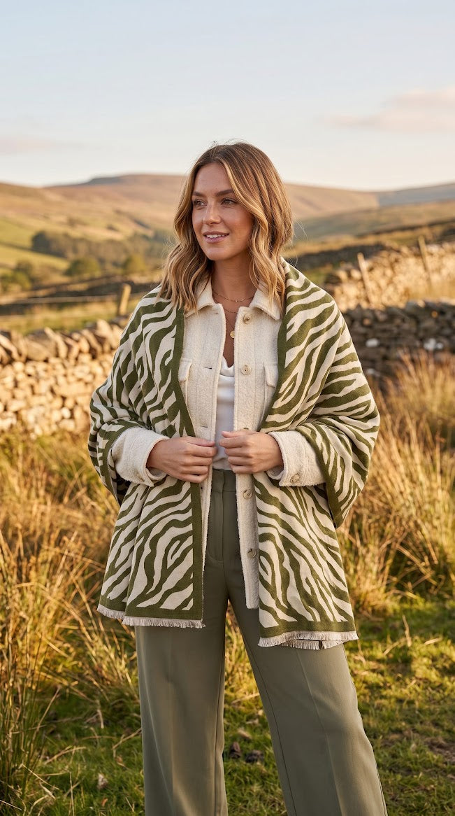 Zebra Print Fringed Scarf Green