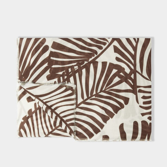 Tropical Leaf Printed Scarf in Off White & Chocolate