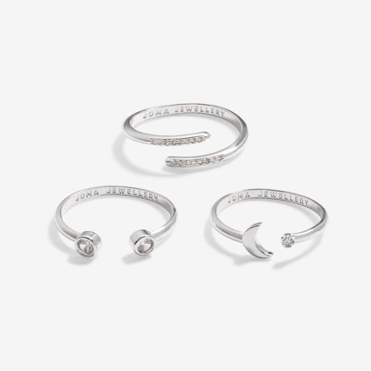 Stacks Of Style Set of 3 Moon Rings In Cubic Zirconia And Silver Plating