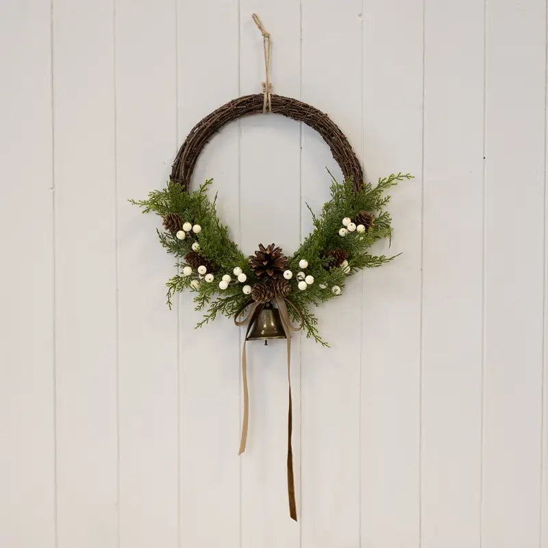 Twig Wreath With White Berries, Pinecone & Bell