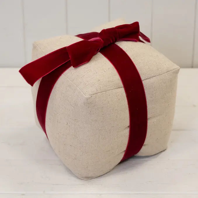 Natural Christmas Present Doorstop With Red Bow